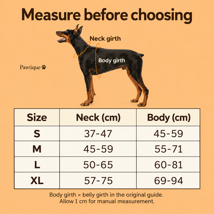 Dog body measurement guide and S to XL harness size chart in centimeters for neck and body girth