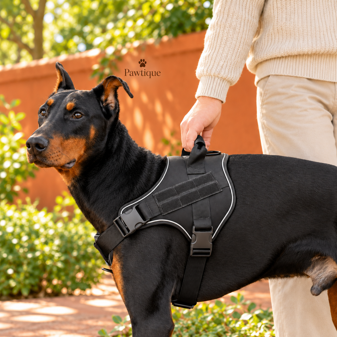Dog wearing the Black Tactical Dog Harness beside its owner outdoors