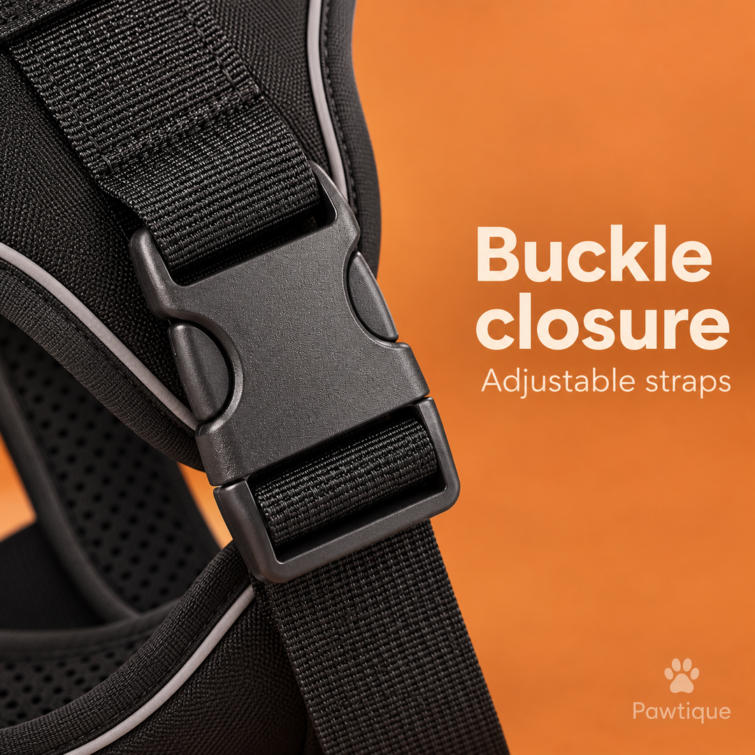 Close-up of the Black Tactical Dog Harness buckle closure and adjustable webbing strap