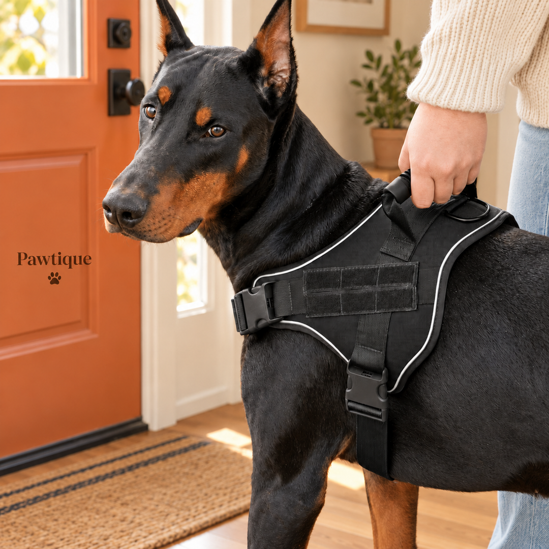 Dog wearing the Black Tactical Dog Harness at a home doorway before a walk
