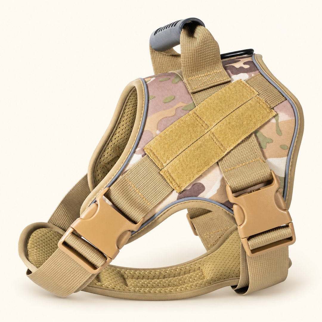 Pawtique Tactical Dog Harness in Camouflage with tan straps and buckles
