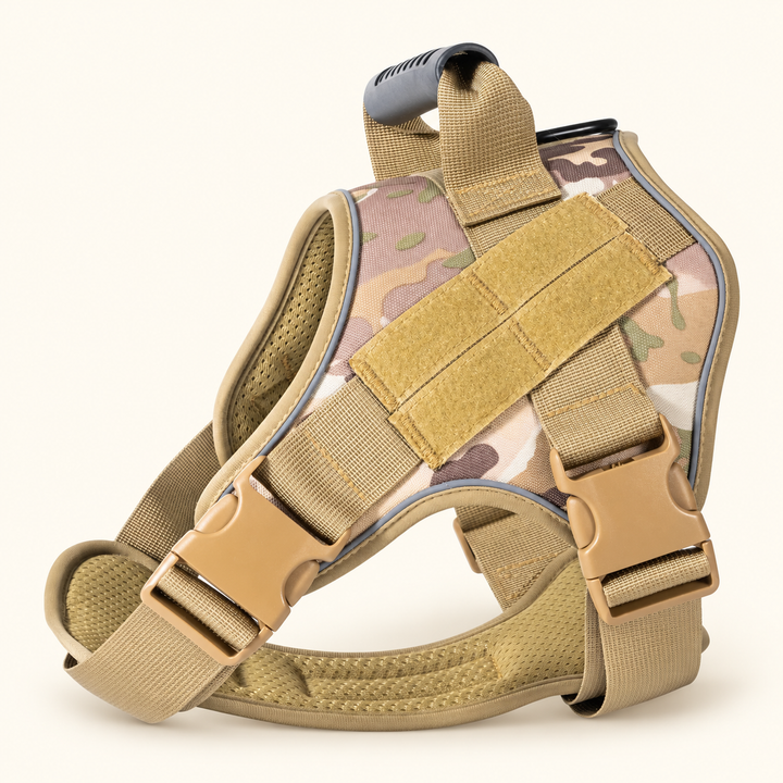Pawtique Tactical Dog Harness in Camouflage with tan straps and buckles