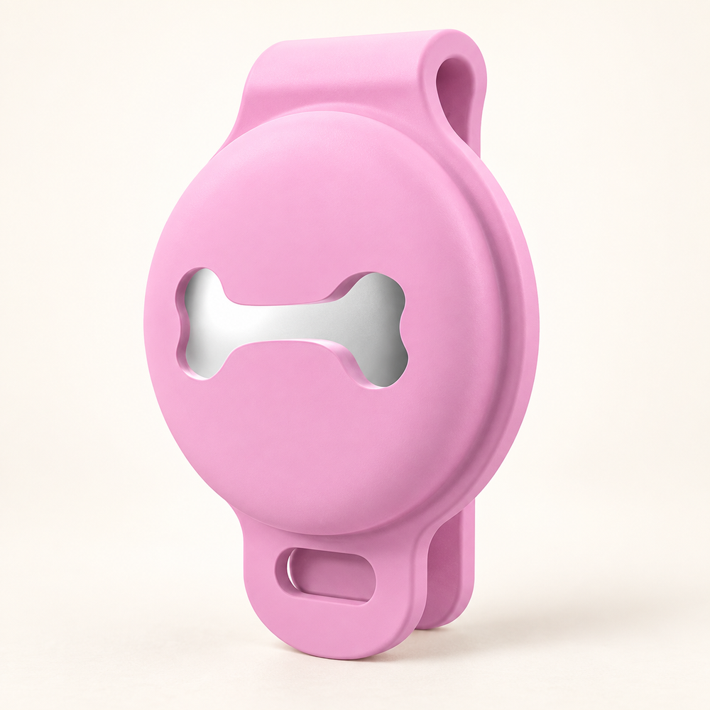 Pawtique TagNest silicone AirTag collar holder in pink