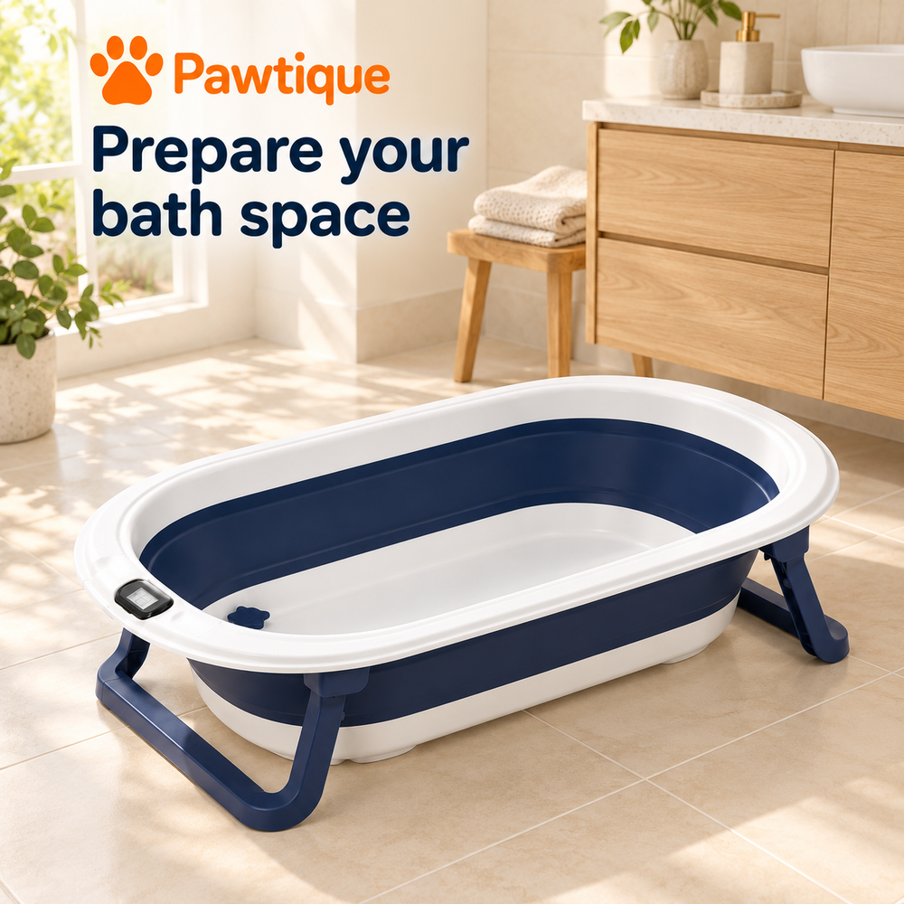 Empty navy and white folding tub prepared on a level bathroom floor