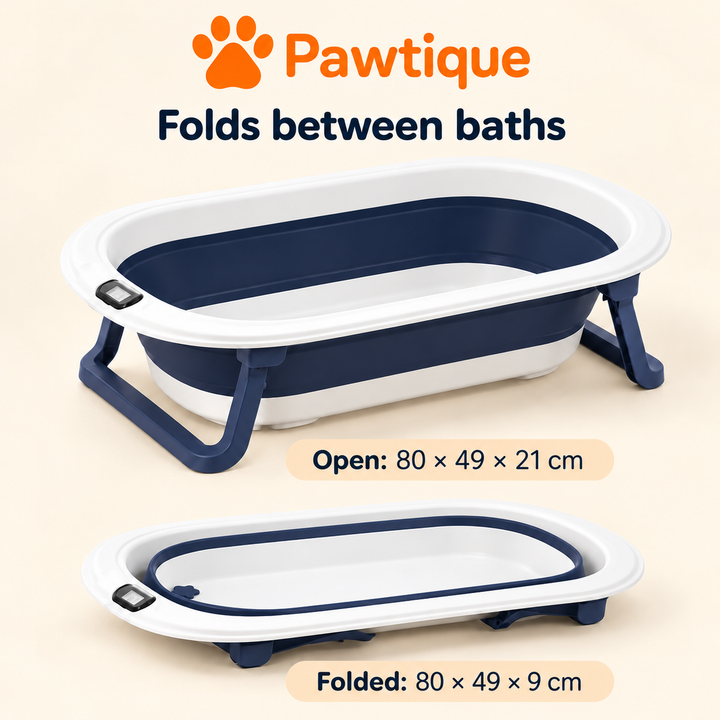 Open and folded Pawtique tub dimensions: 80 by 49 by 21 cm open, 80 by 49 by 9 cm folded