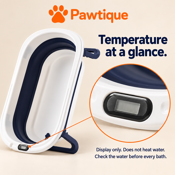 Pawtique tub temperature display close-up; display does not heat water
