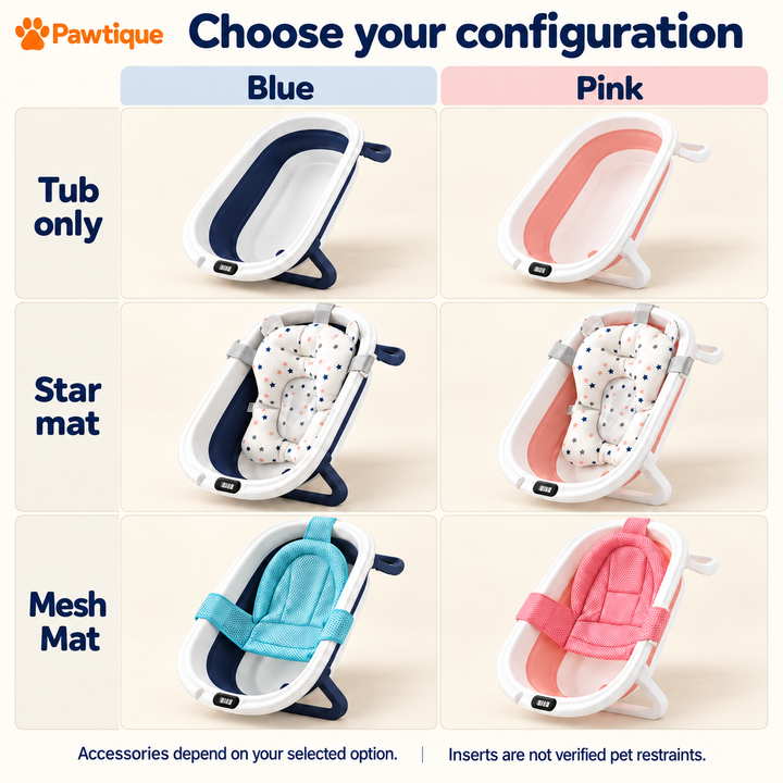 Six configurations: blue and pink tub only, star mat and mesh mat options; accessories depend on selection