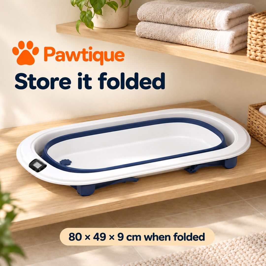 Folded navy and white tub on an open shelf; folded dimensions 80 by 49 by 9 cm