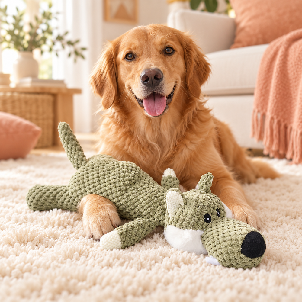 Dog relaxing with Pawtique ToughPals wolf plush toy