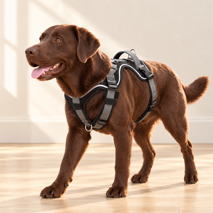 Black TrailControl harness worn by a dog, showing gray adjustable straps and top handhold