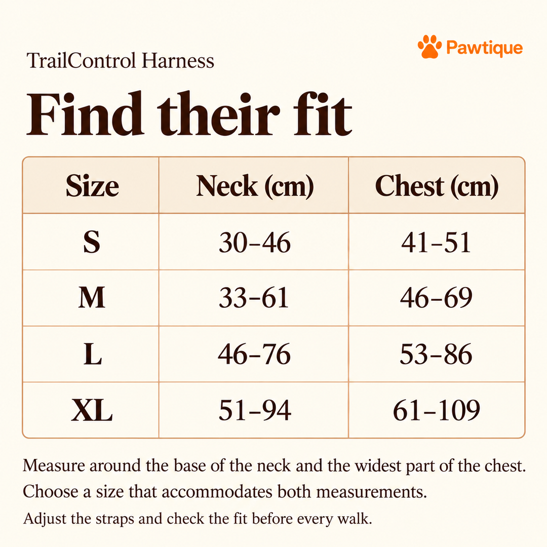 TrailControl harness size guide with neck and chest ranges in centimeters