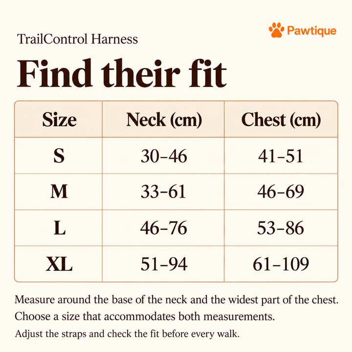 TrailControl harness size guide with neck and chest ranges in centimeters