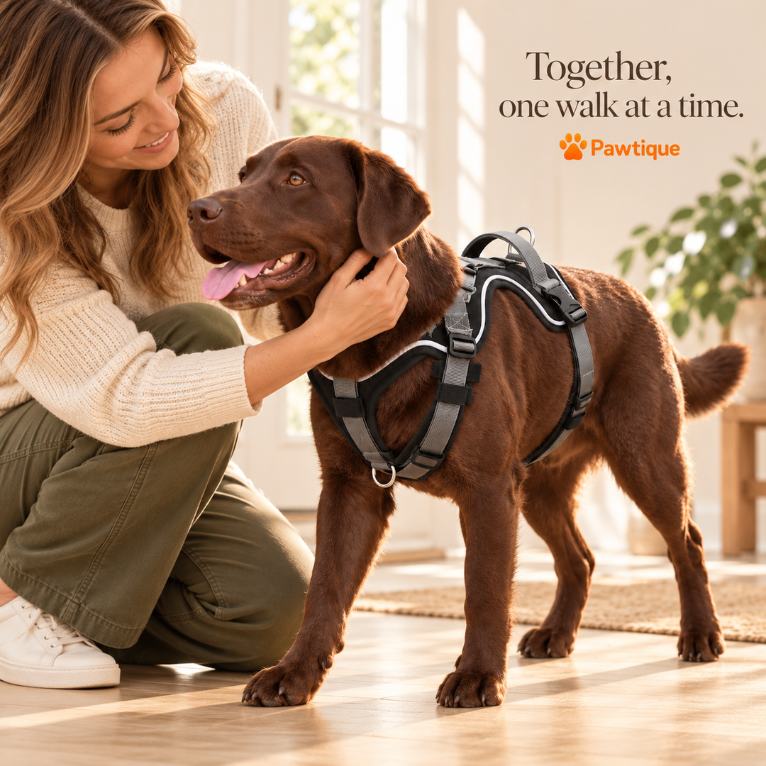 A dog and owner sharing a moment before a walk with the black TrailControl harness