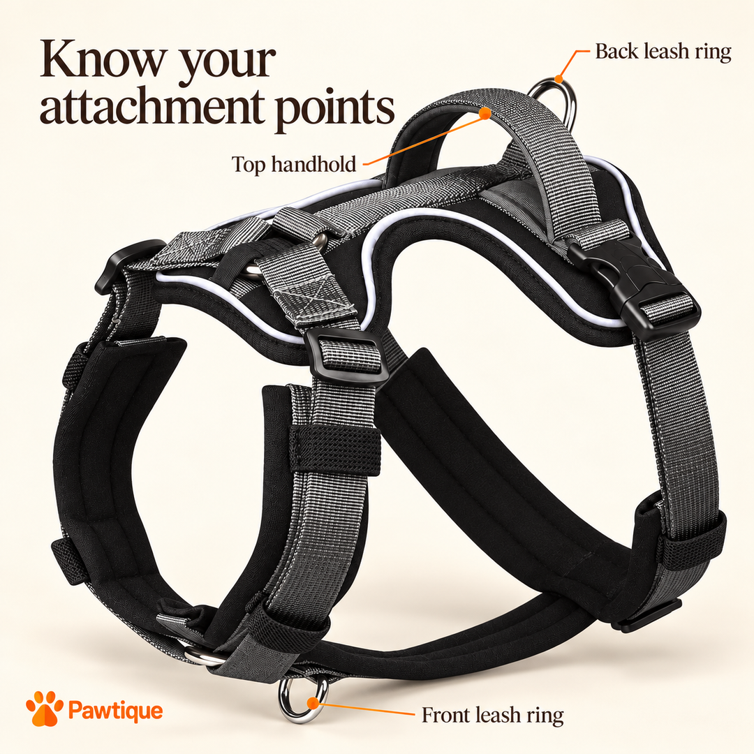 TrailControl harness detail showing top handhold and front and back leash rings