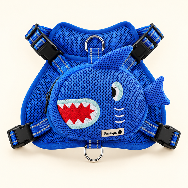 Pawtique TrailCritter blue shark backpack dog harness