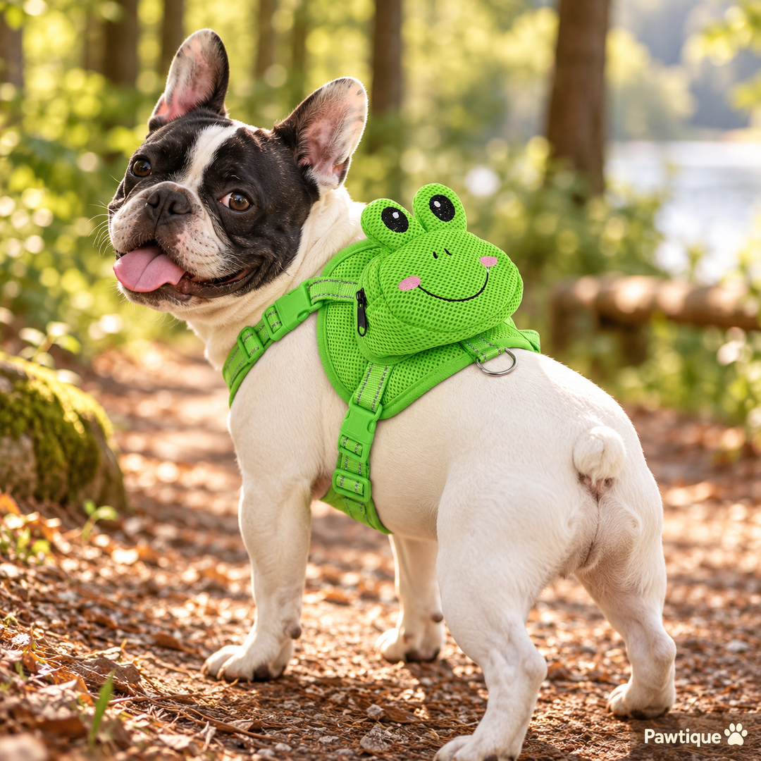 French bulldog wearing the Pawtique green frog backpack harness on a park trail