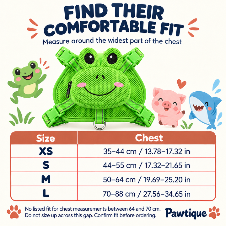 TrailCritter chest size chart: XS 35–44, S 44–55, M 50–64, L 70–88 cm; no listed fit between 64 and 70 cm, do not size up across gap