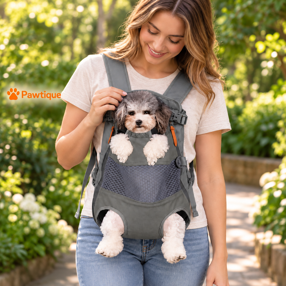 Pawtique TrailMate carrier worn on the front during a garden pause