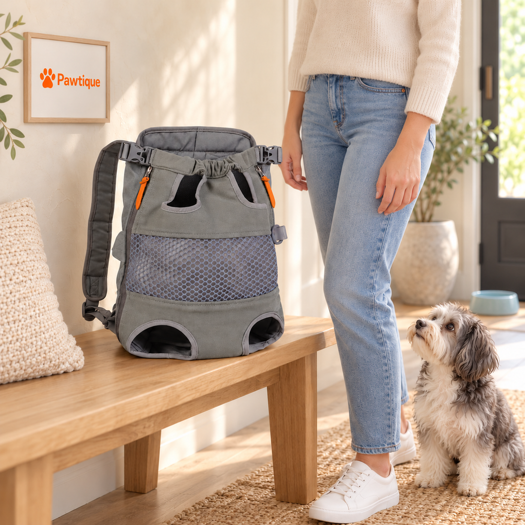 Grey TrailMate carrier on an entryway bench beside an owner and dog
