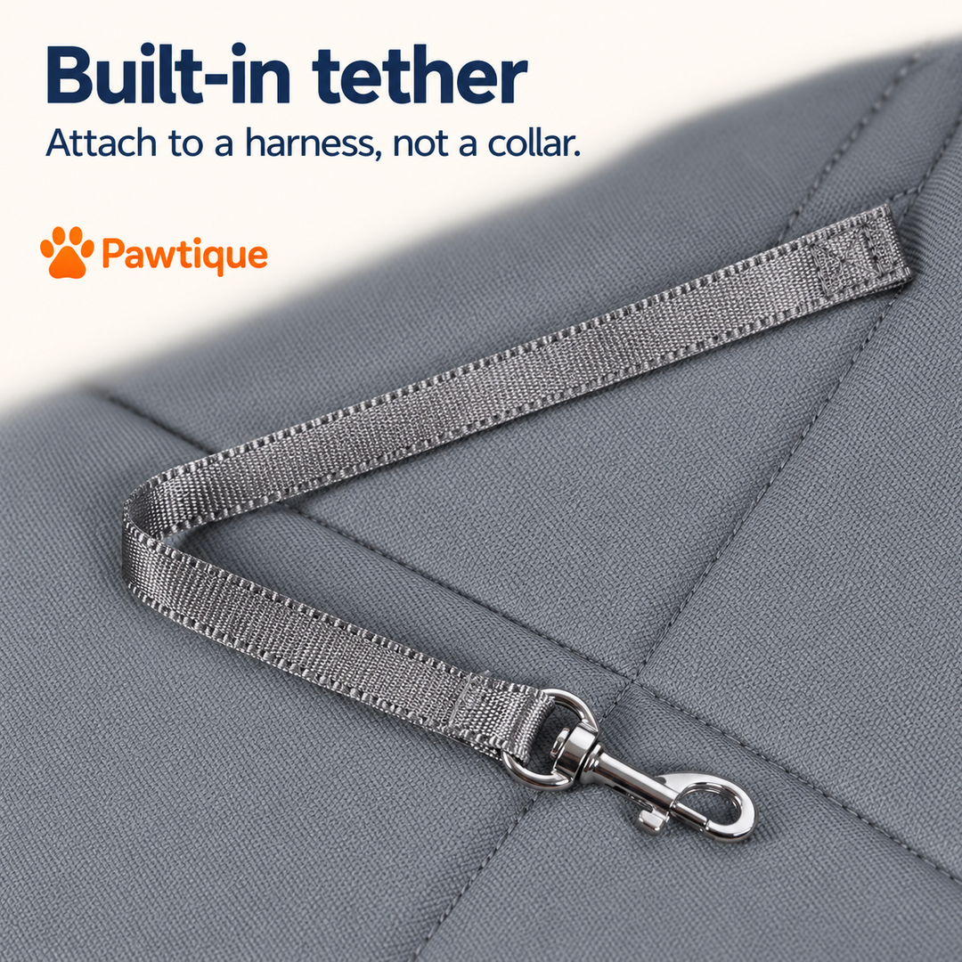 TrailMate internal tether and metal clip with harness attachment guidance
