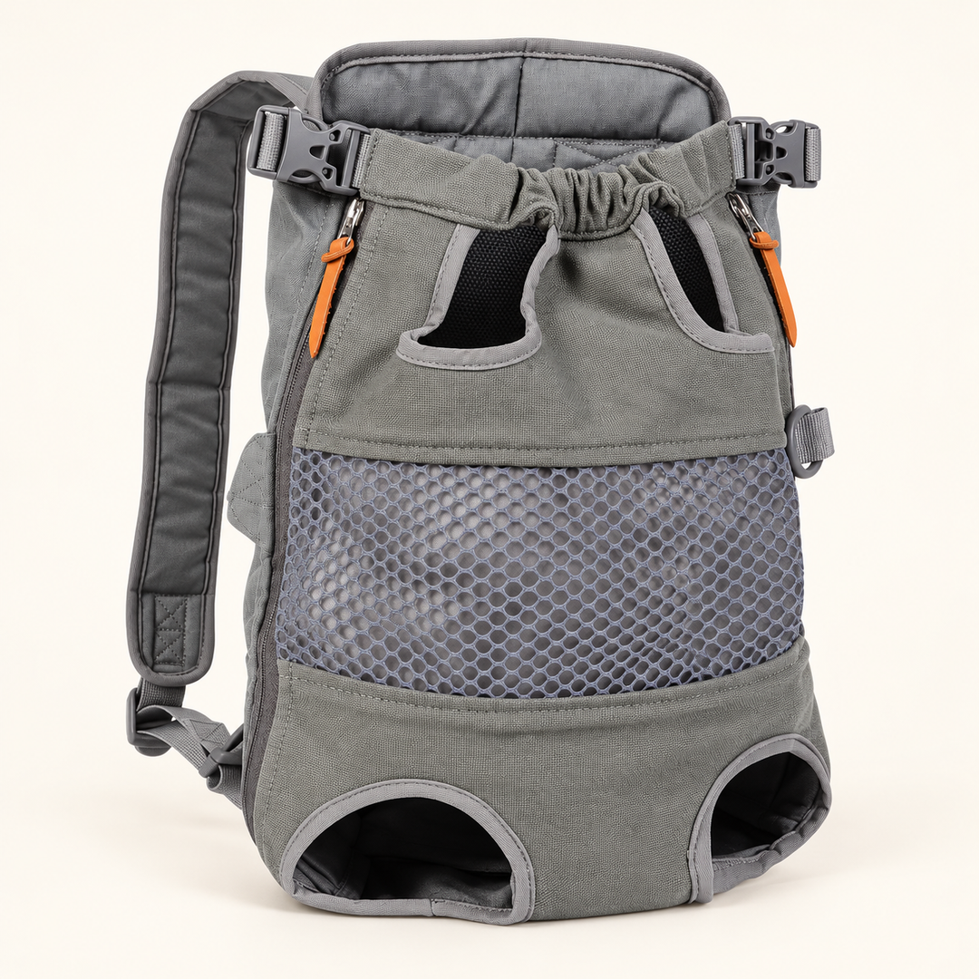 Grey Pawtique TrailMate legs-out pet carrier with mesh panel, side zippers and padded shoulder straps