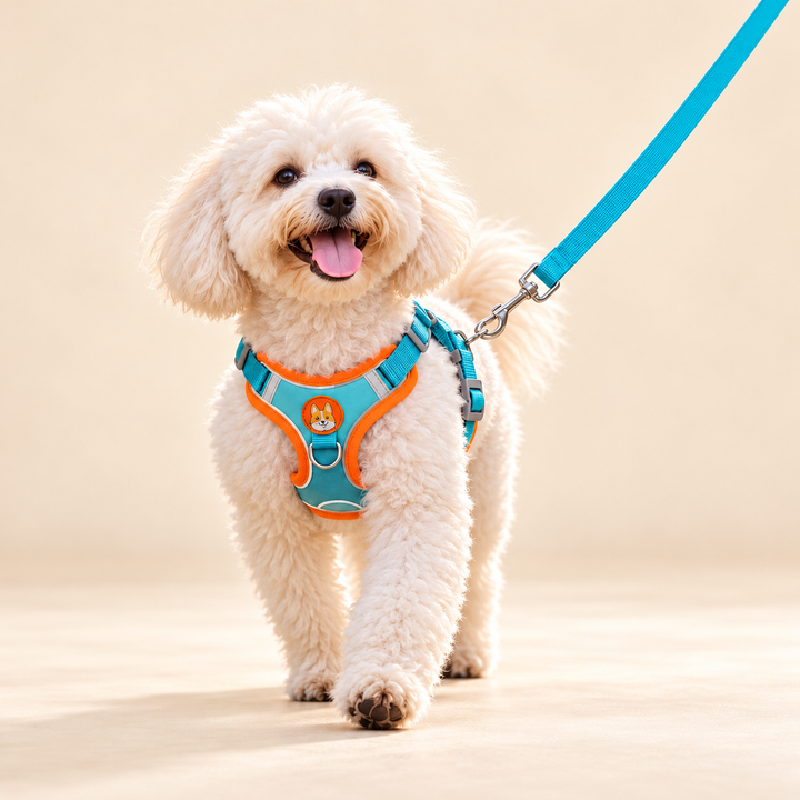 Dog wearing the Blue TrailSoft harness and matching leash on a warm cream background; original fox badge and hardware preserved.