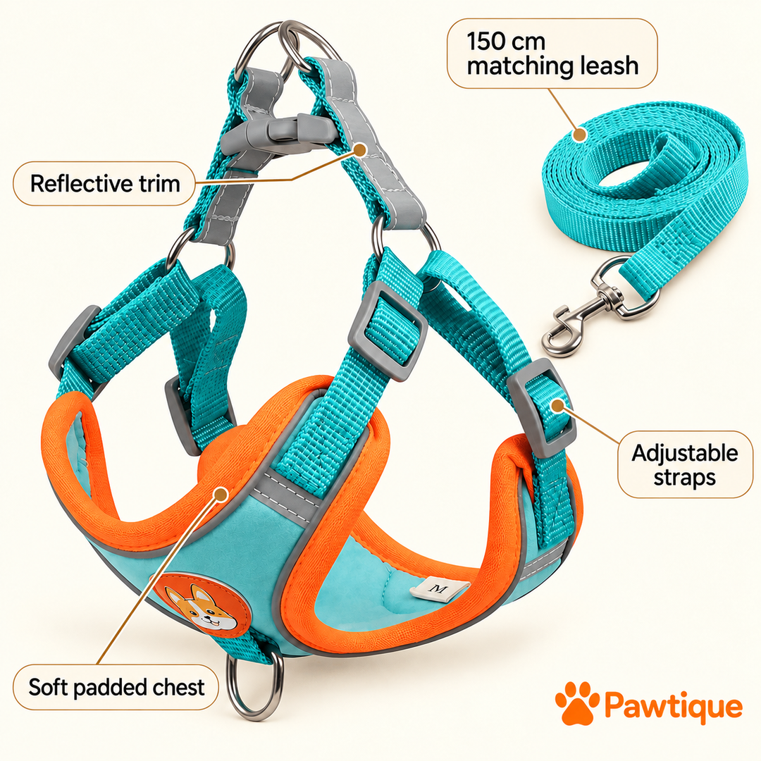 TrailSoft harness construction and matching 150 cm leash with original fox badge, reflective trim, adjustable straps and padded chest.