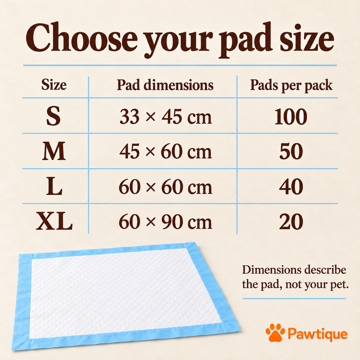 Training pad size and pack guide: S 33 x 45 cm 100 pads; M 45 x 60 cm 50; L 60 x 60 cm 40; XL 60 x 90 cm 20