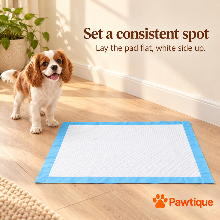 Disposable pad placed flat in a consistent home training spot beside a small dog