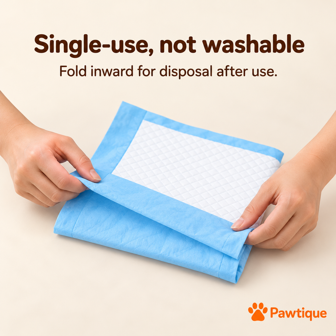 Single-use training pad folded inward for disposal; not washable