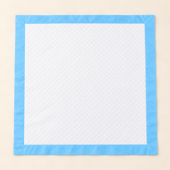 Square disposable training pad with white quilted surface and flat blue border