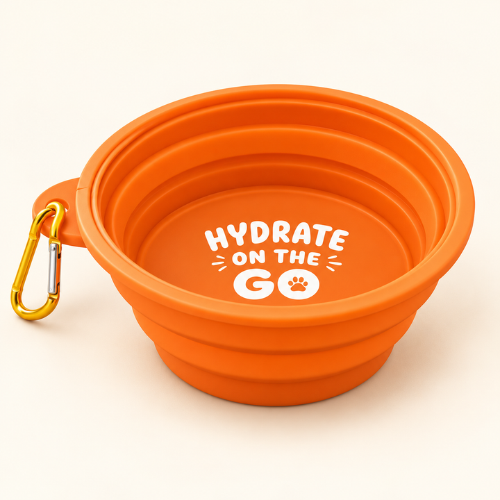 Fully expanded orange Pawtique travel bowl with white interior artwork and gold-colored carry clip