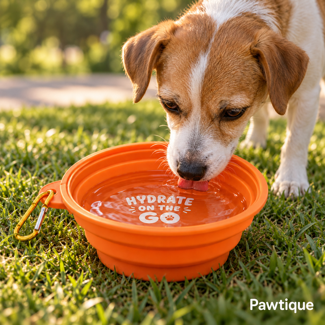 Dog drinking outdoors from the fully expanded orange Pawtique travel bowl