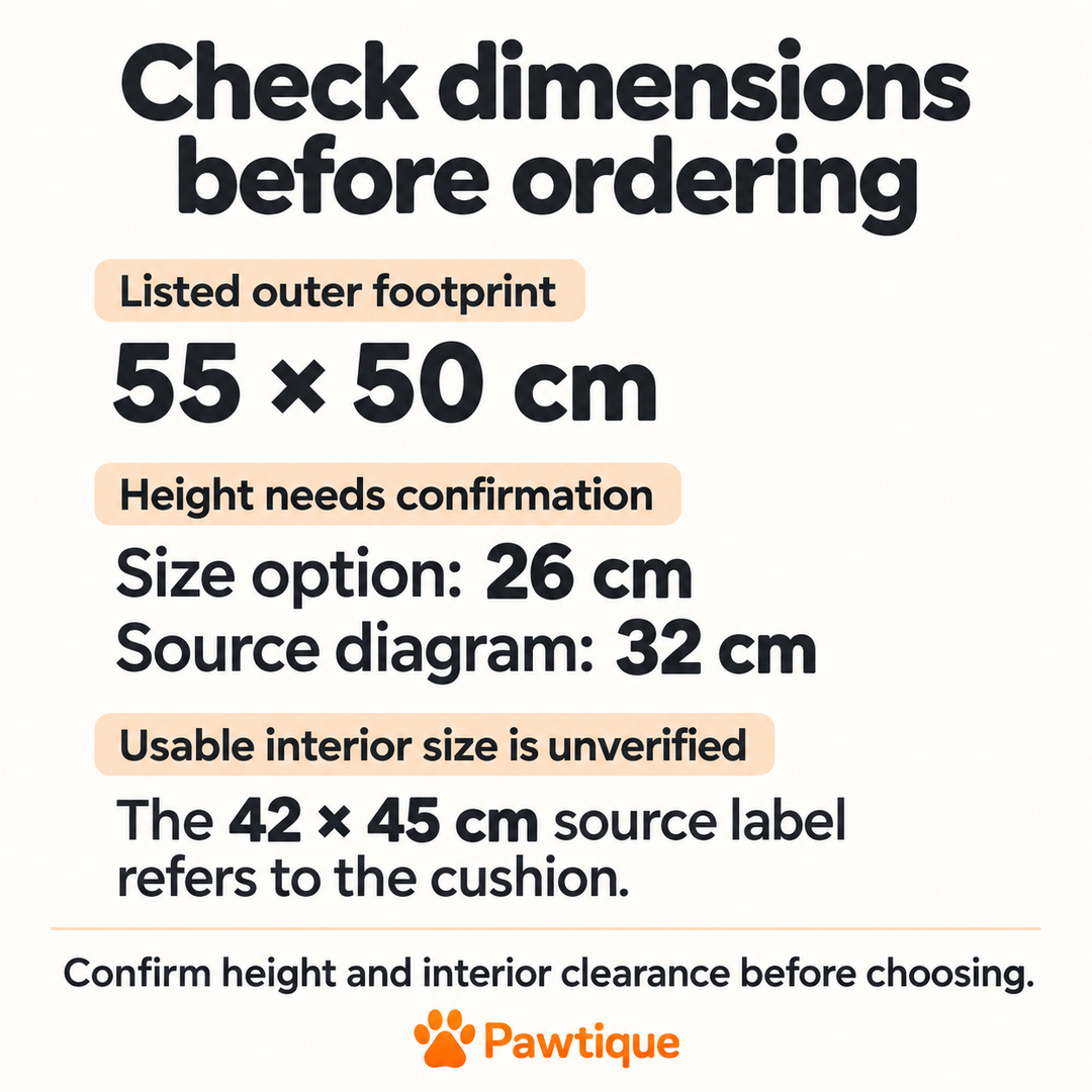 Pawtique Travel Sofa size guidance: listed outer footprint 55 by 50 cm; 26 cm option height conflicts with 32 cm source diagram; usable interior dimensions unverified.