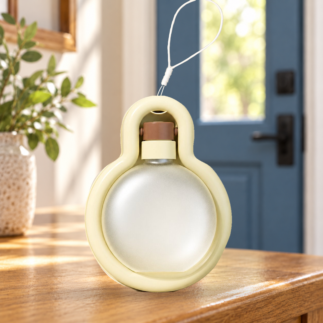 Beige Small travel water bottle folded into its tray, with original carry loop, on a home console.