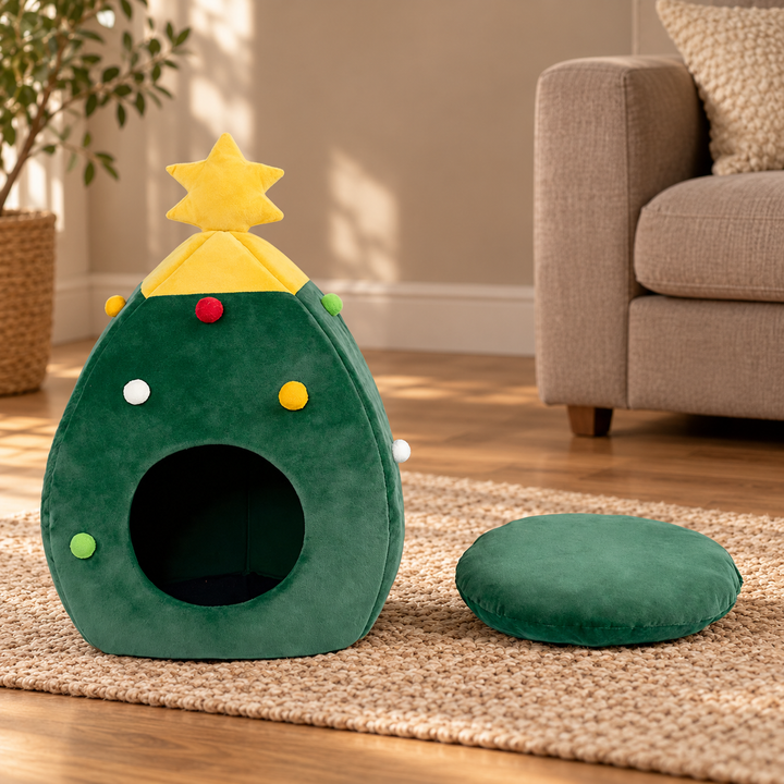 Green Christmas Tree Pet Cave with its separate resting cushion on a woven rug beside a taupe sofa in a warm home.