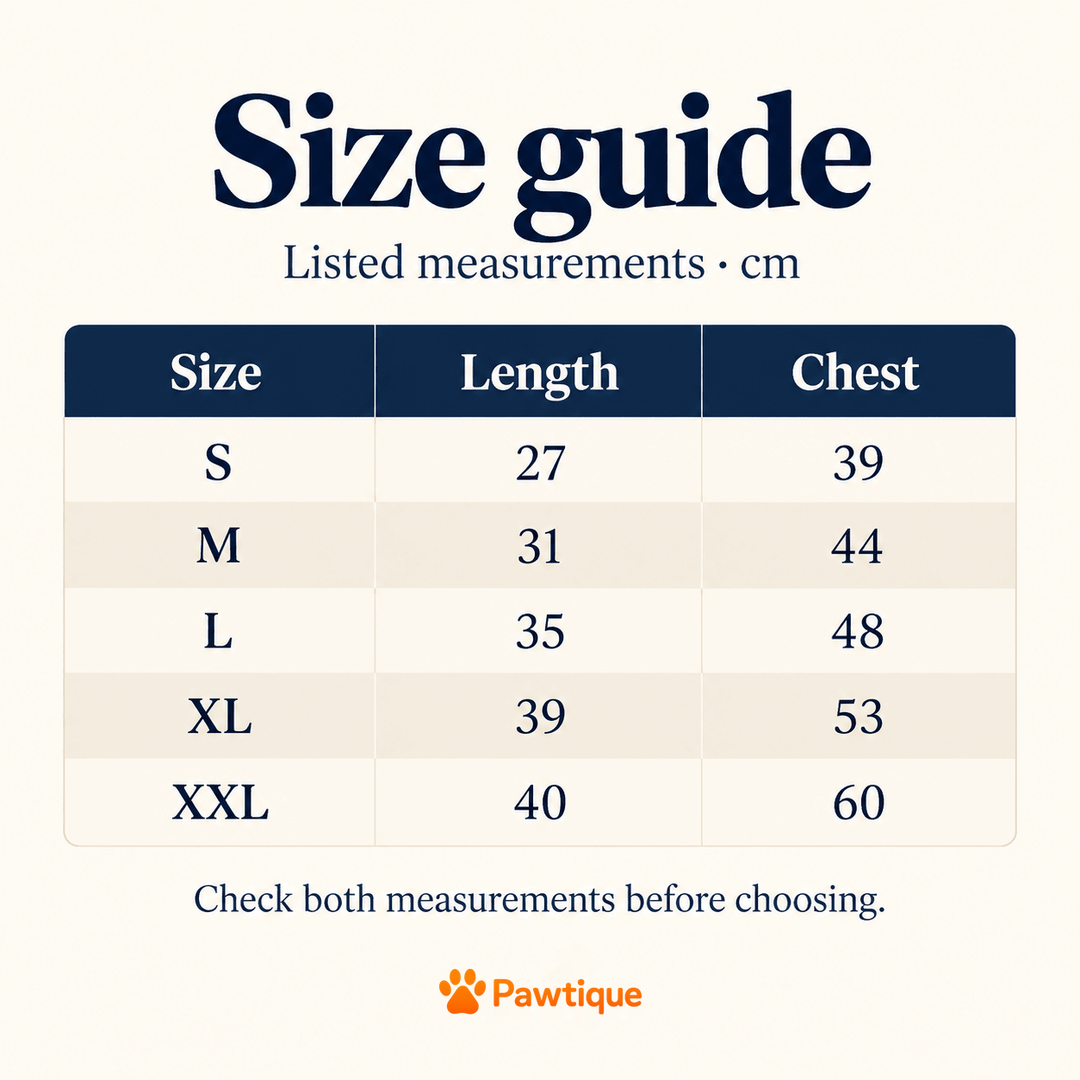 Varsity Bear listed size guide in cm, with length and chest measurements.