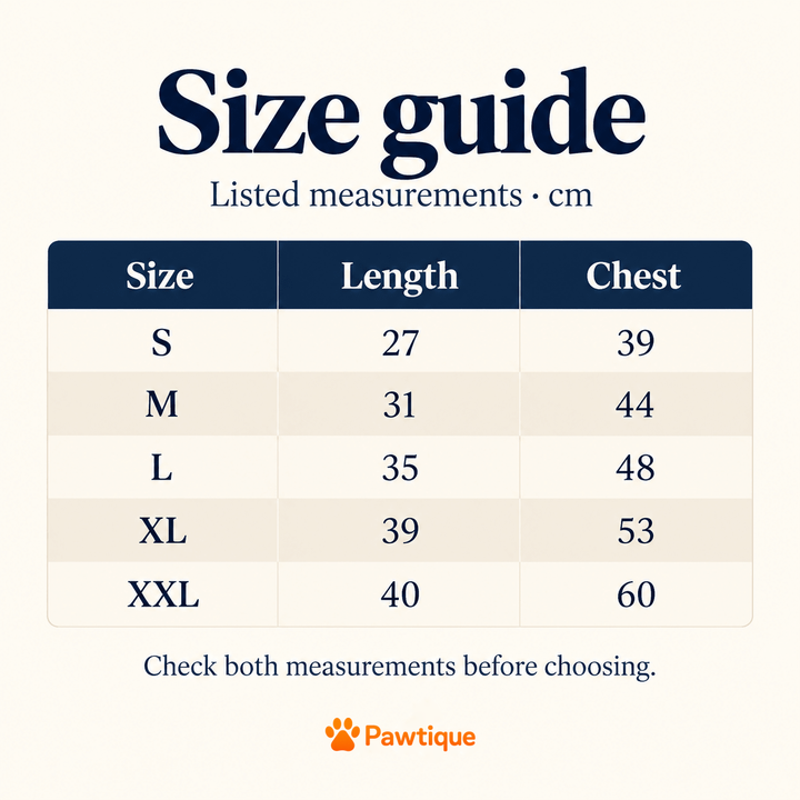 Varsity Bear listed size guide in cm, with length and chest measurements.