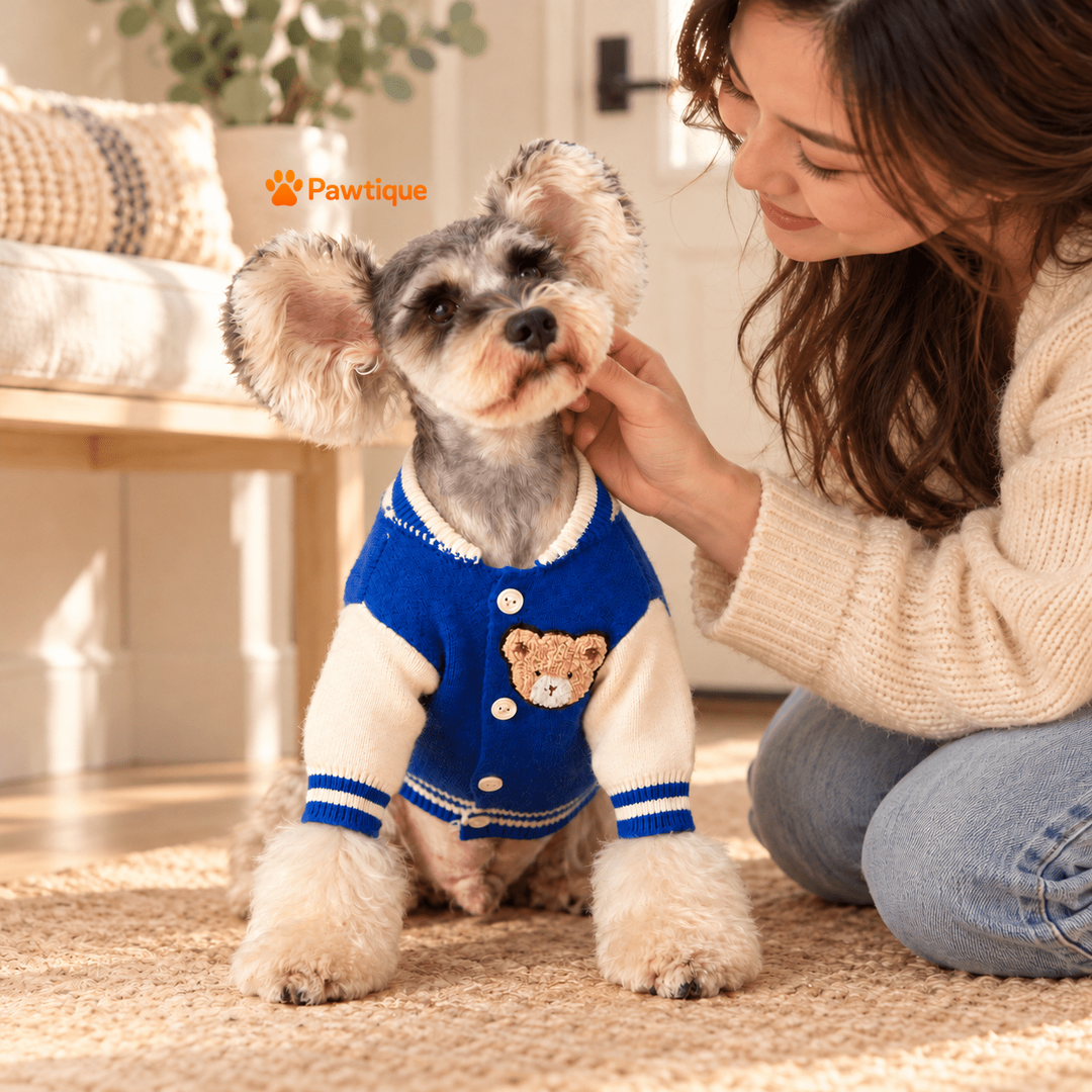 Owner with dog wearing the Blue Varsity Bear cardigan.