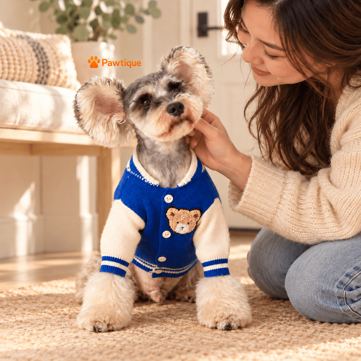 Owner with dog wearing the Blue Varsity Bear cardigan.