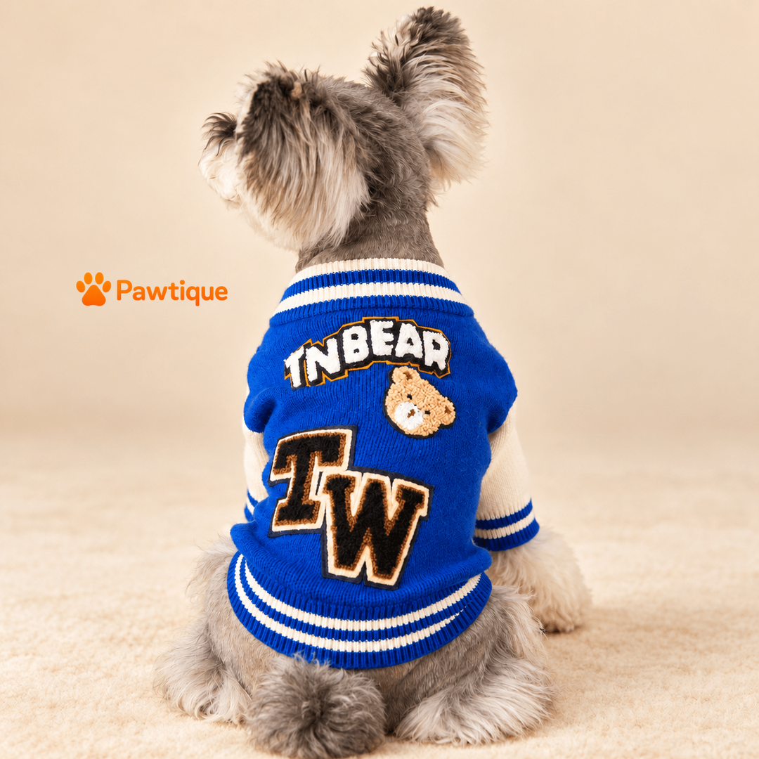 Back of Blue Varsity Bear cardigan with physical TNBEAR and TW applique details.