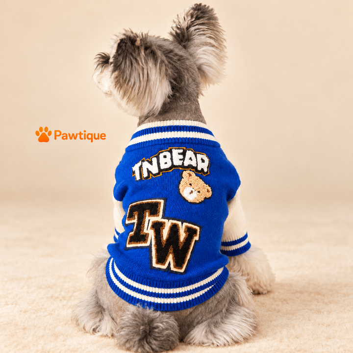 Back of Blue Varsity Bear cardigan with physical TNBEAR and TW applique details.