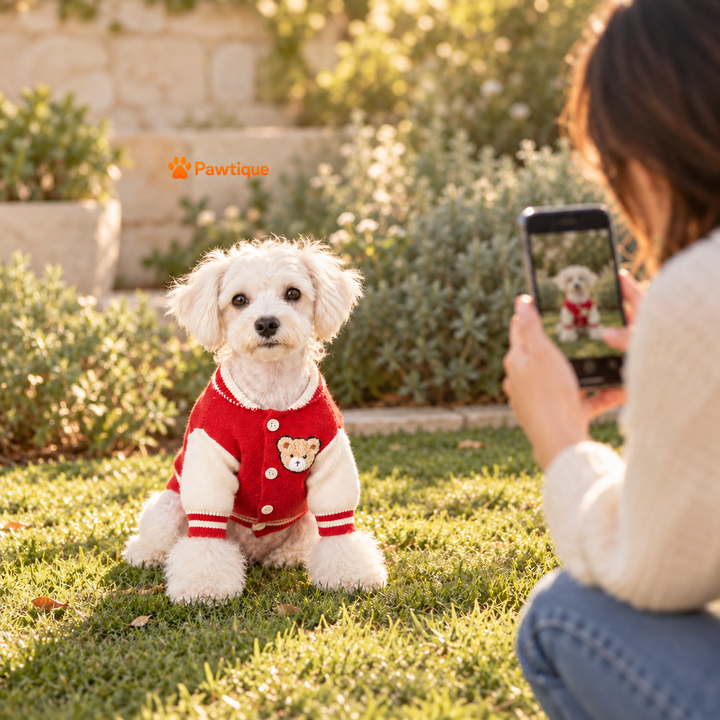 Red Varsity Bear cardigan worn by a dog during a photo moment.