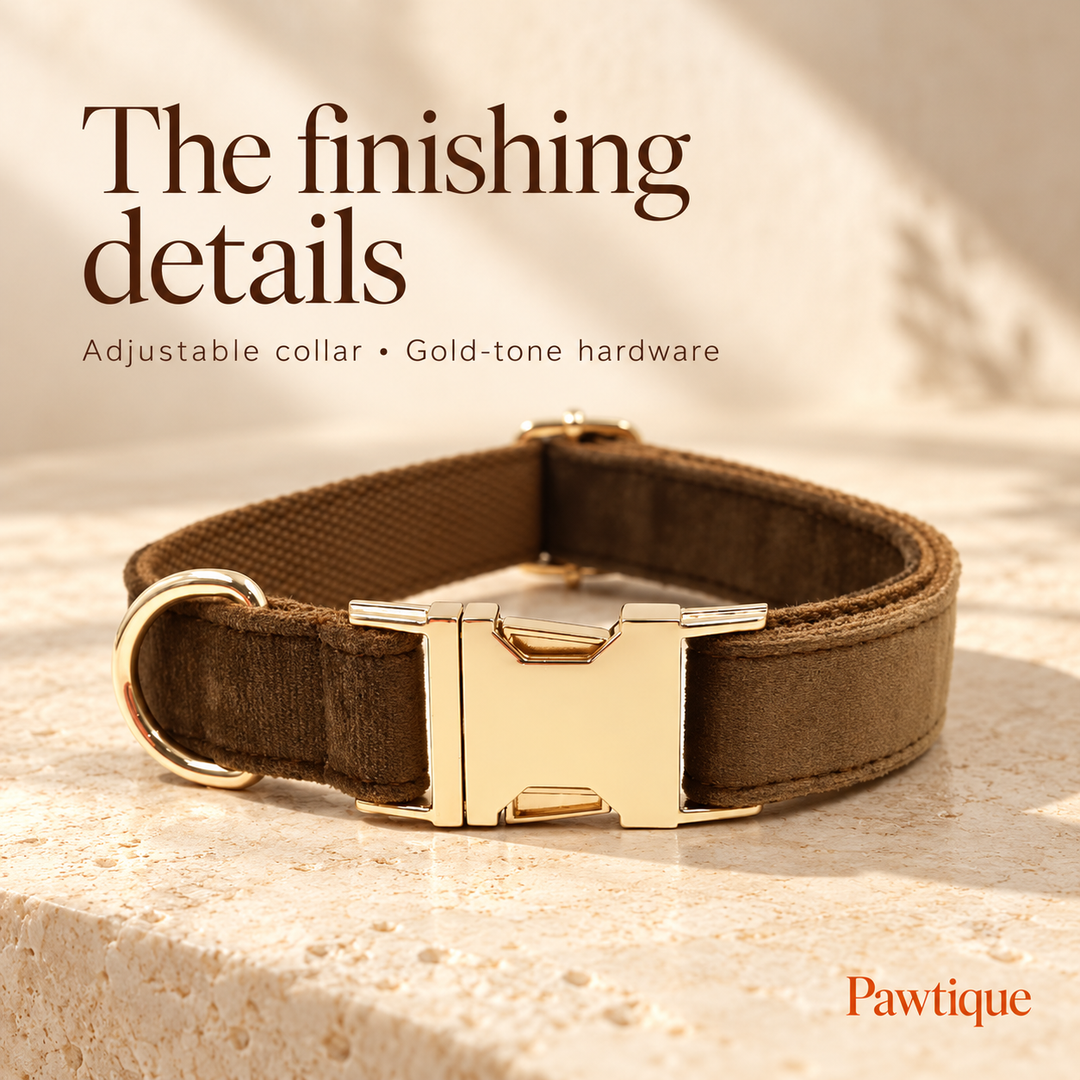 Brown velvet adjustable collar with gold-tone buckle and D-ring