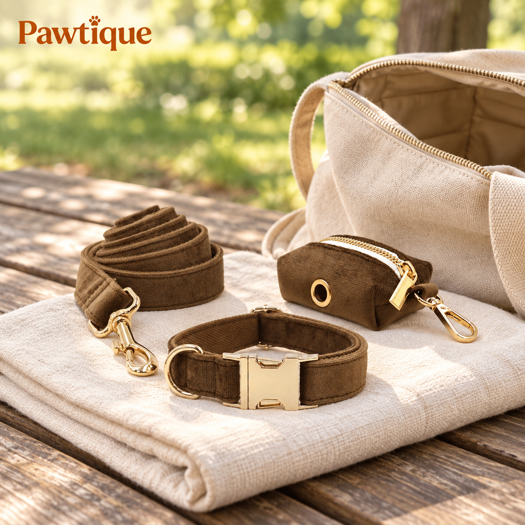 Brown velvet three-piece walking set beside a day bag outdoors; day bag not included