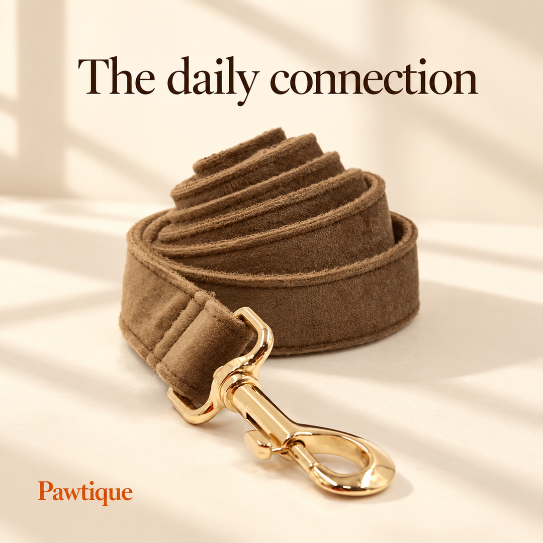 Brown velvet coiled leash showing gold-tone swivel snap hook