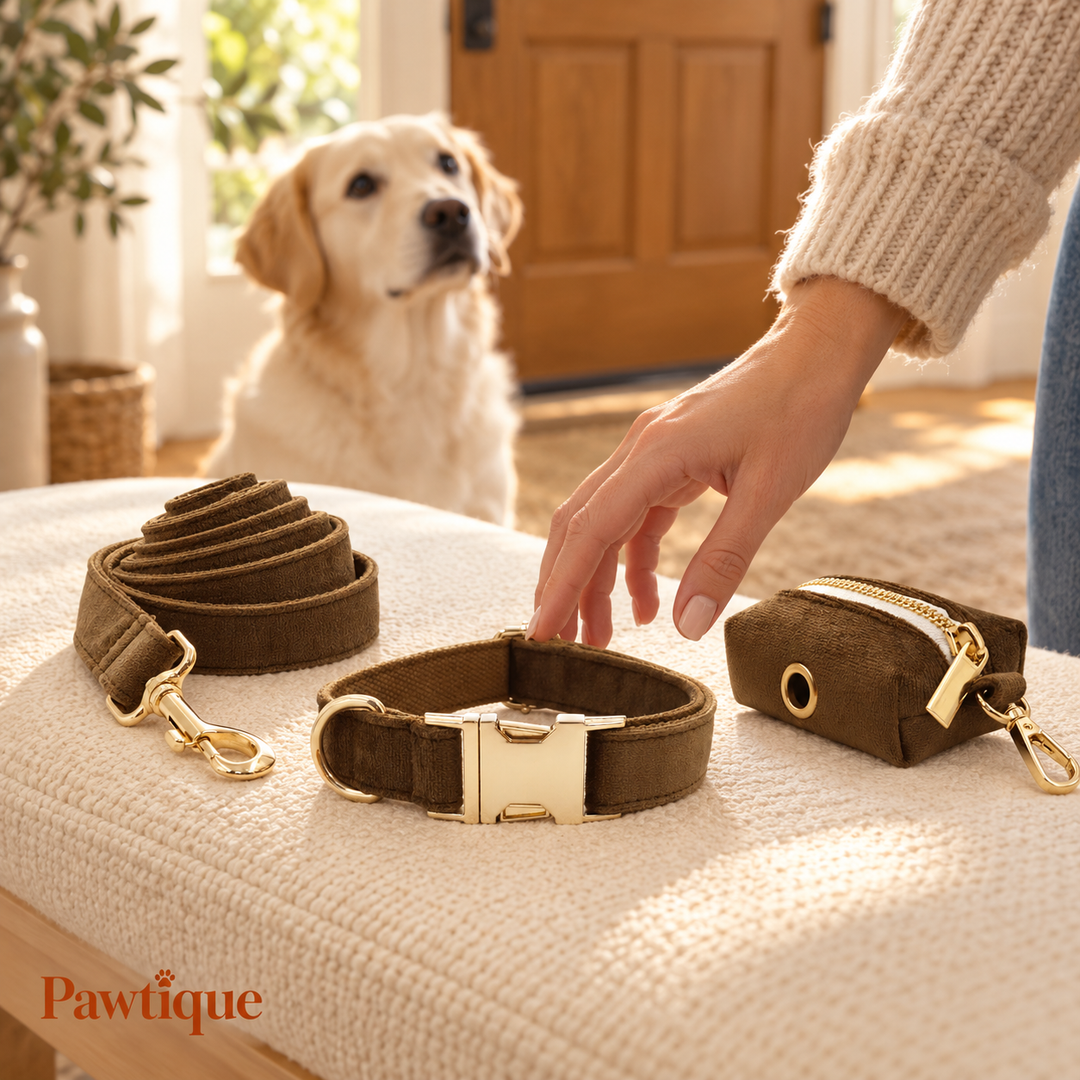 Owner reaching for the brown velvet walking set before a walk with their dog