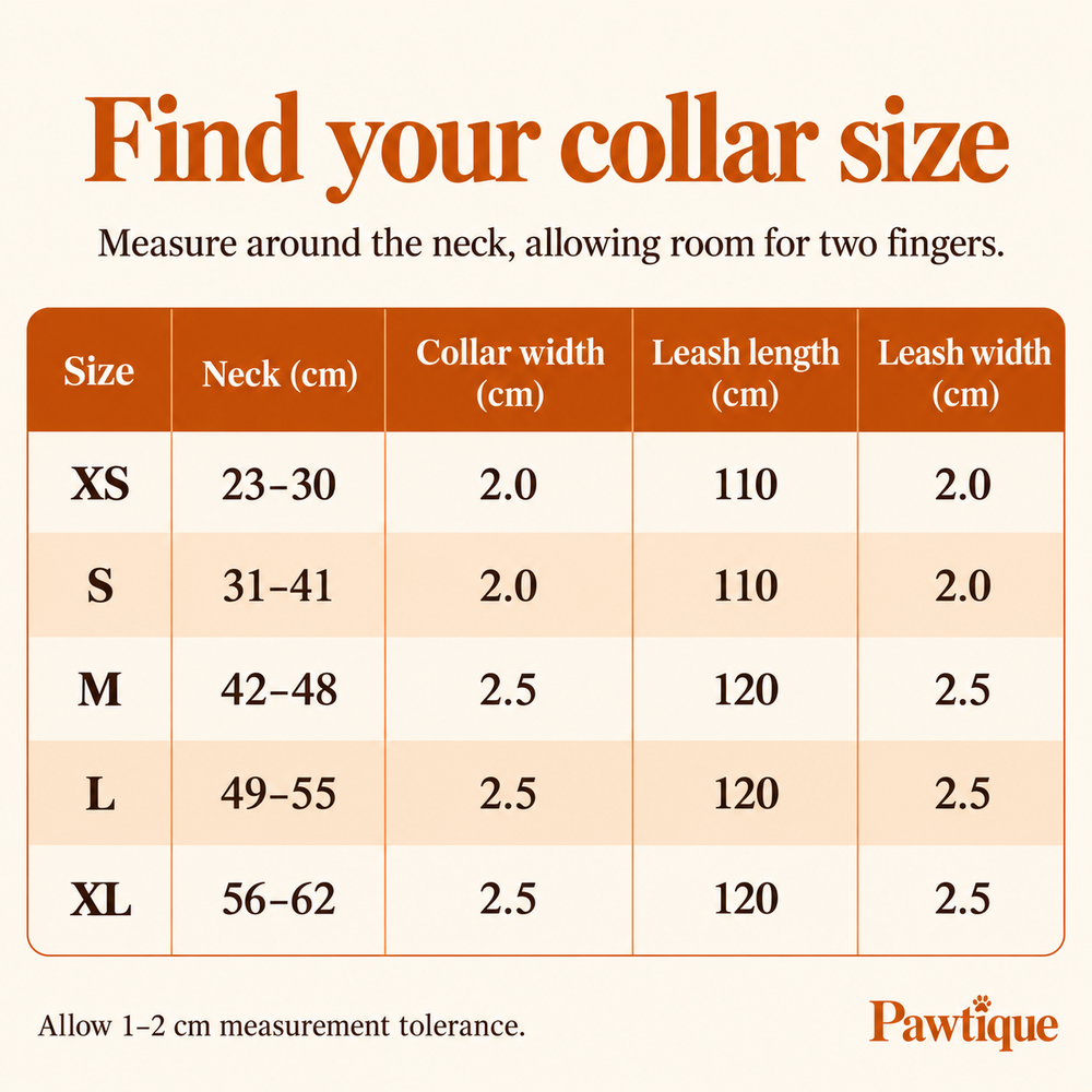 XS to XL collar neck ranges and collar and leash dimensions in centimetres