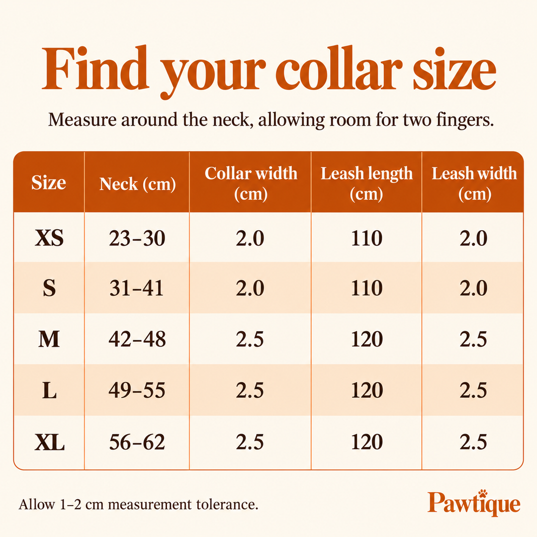 XS to XL collar neck ranges and collar and leash dimensions in centimetres