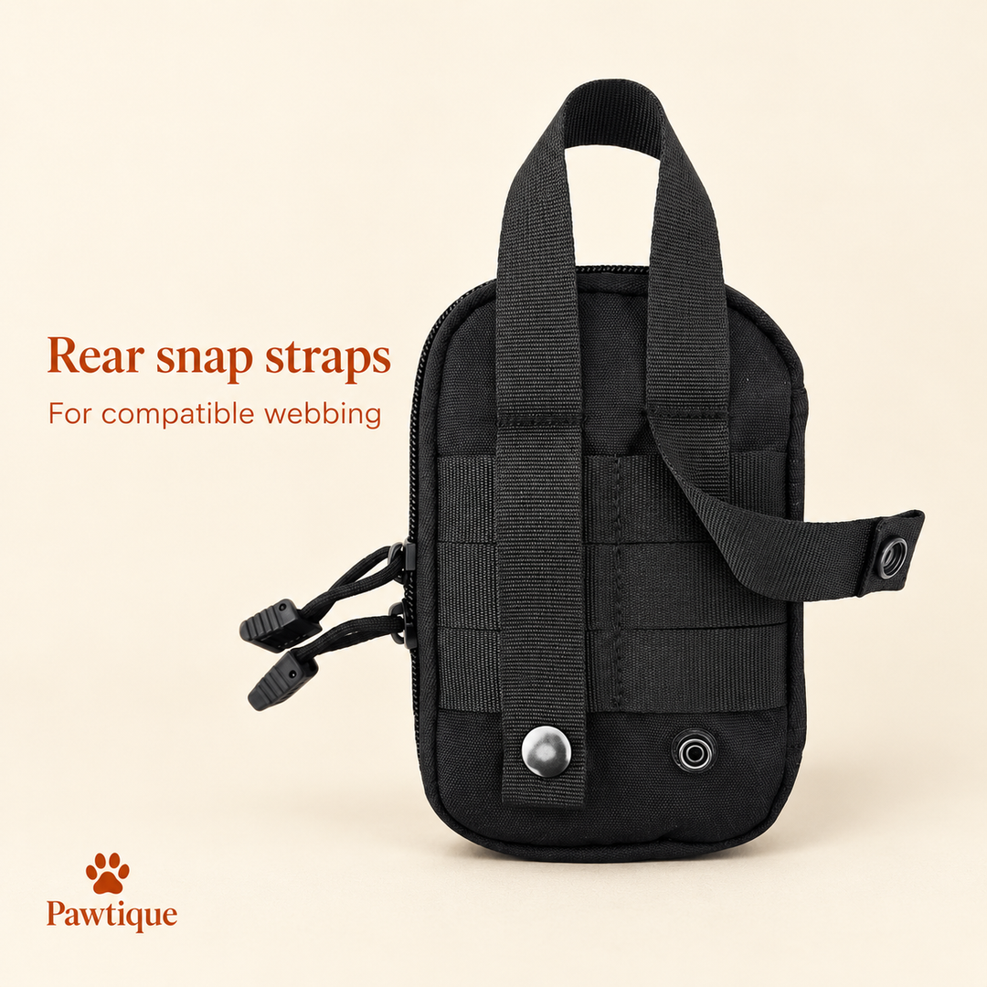 Two rear snap straps and carry loop; attach only to compatible webbing